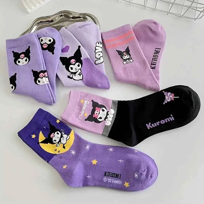 5 Pairs kawaii Sanrio Kuromi Cartoon Pattern Crew Socks Soft Breathable Socks for All Seasons Wearing Women's Stockings Hosiery