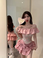 Sweet Off Shoulder Ruffles Collar Pink Top and Yk Slim Waist - Vusy Kawaii Shop
