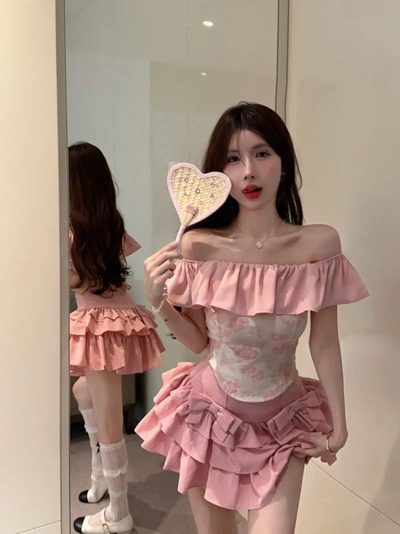 Sweet Slash Neck Ruffles Slim Fit Top for Set - Vusy Kawaii Shop