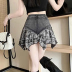 Kawaii Pink Plaid Spliced Denim Skirts Summer A-line
