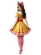 Gingerbread woman costume dress set with candy cane bow headband, side view