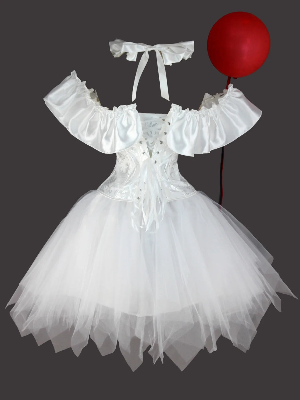 White creepy clown corset dress back view flat lay showing back lacing and bow choker