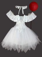 White creepy clown corset dress back view flat lay showing back lacing and bow choker