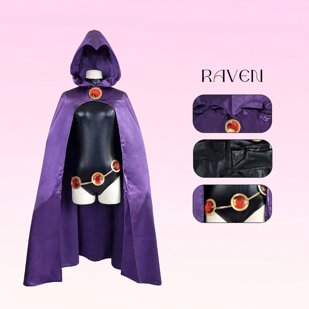 Raven cosplay purple cloak with red gem brooch, close up detail