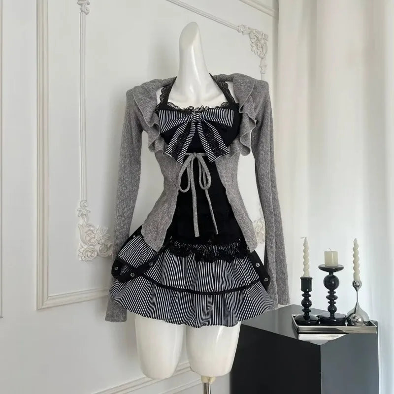 Knitted Suits Autumn Winter Woman V-Neck French Vintage Long - Vusy Kawaii Shop