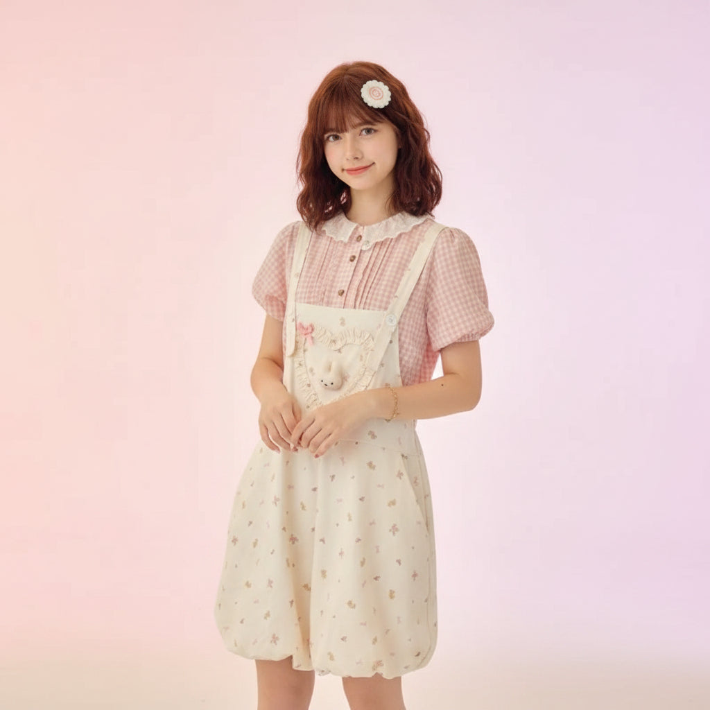 Japanese Peter Pan Collar Puff Sleeve Plaid Shirt Women - Vusy Kawaii Shop