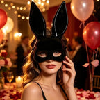 Model wearing black glossy bunny ear mask at masquerade party, front view