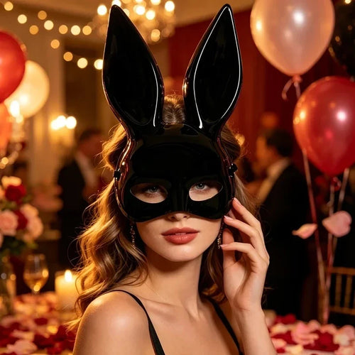 Model wearing black glossy bunny ear mask at masquerade party, front view