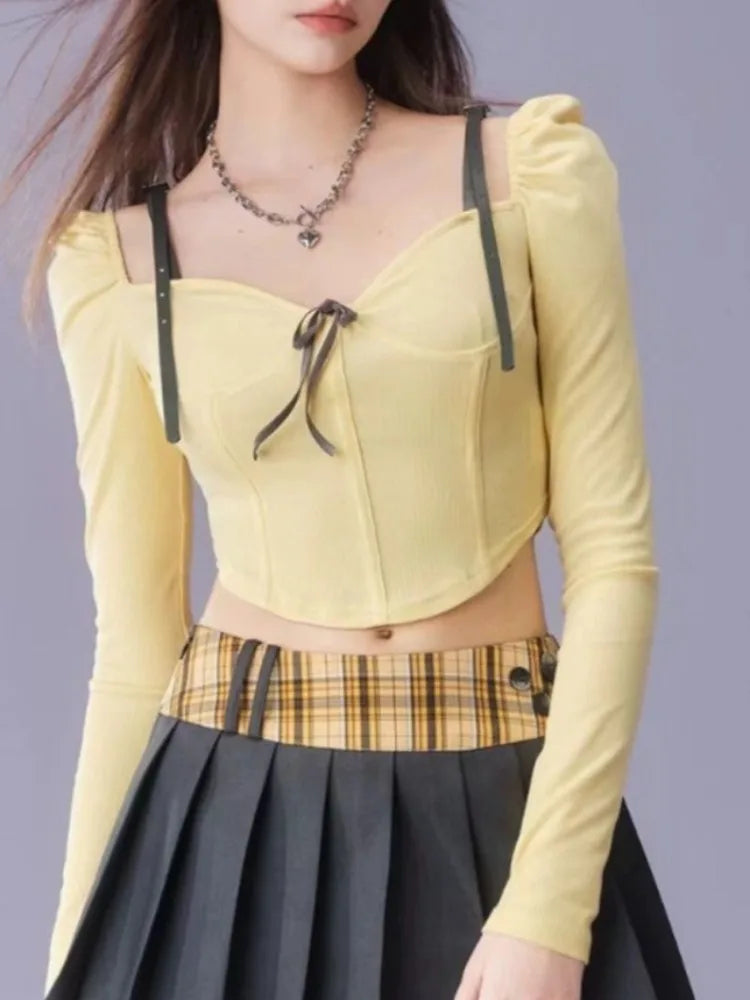 Long Sleeve Square Collar Slim Two-Piece Set Design Pleated - Vusy Kawaii Shop