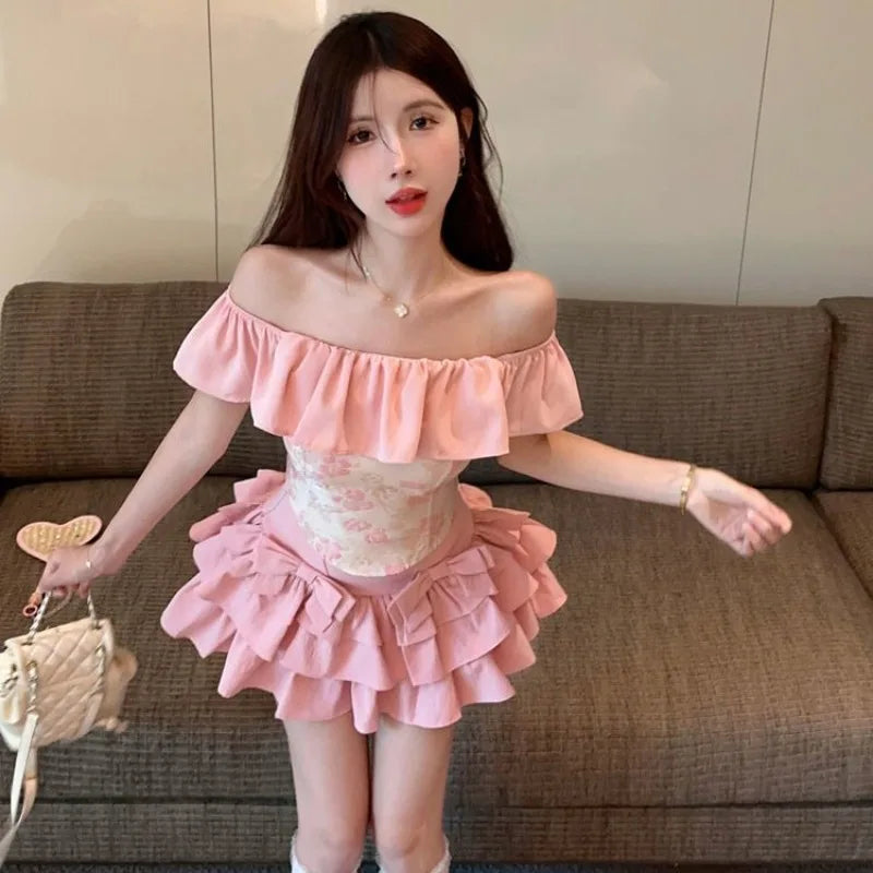 Sweet Off Shoulder Ruffles Collar Pink Top and Yk Slim Waist - Vusy Kawaii Shop