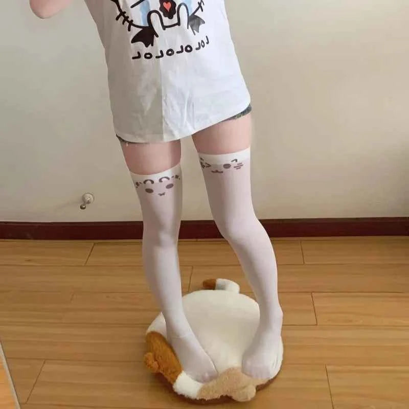 Japanese Kawaii Expression Thigh Socks White Print Long Socks JK Harajuku Over Knee Thigh High Stockings Y2K Cosplay Socks