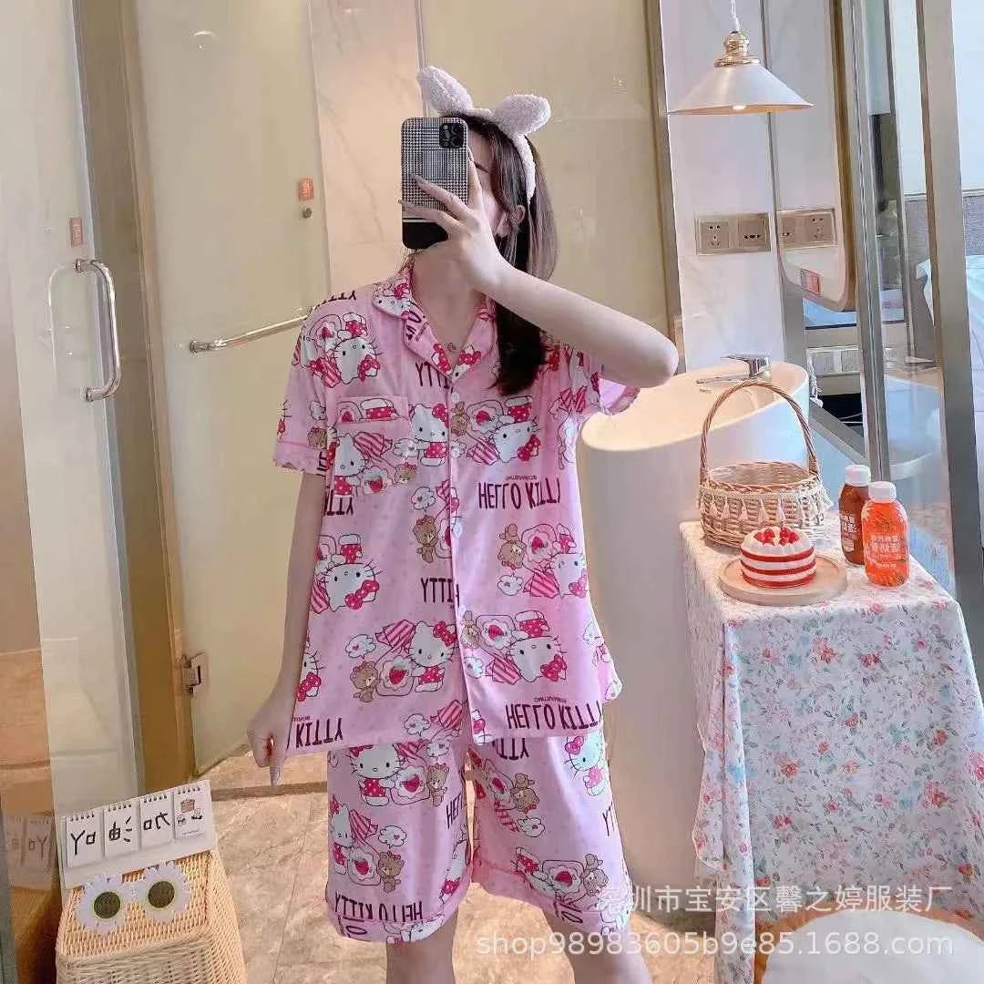 Sweet Hello Kitty Girls Pajama Sets Loose Soft Sanrio Cartoon Kuromi Cute Womens Nightgown Short Sleeve Sleepwear Clothes Summer
