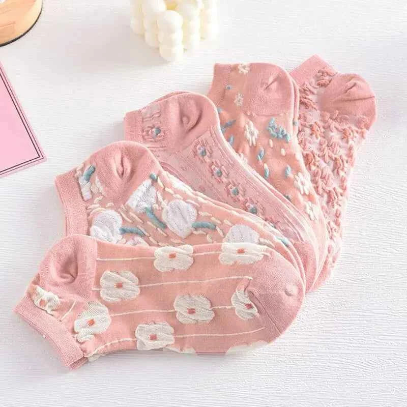 5 Pairs of Kawaii Cute Flower 3D Textured Ankle Socks - Vintage Style Thin Low Cut Hosiery for Womenity Pink Boat Socks Female
