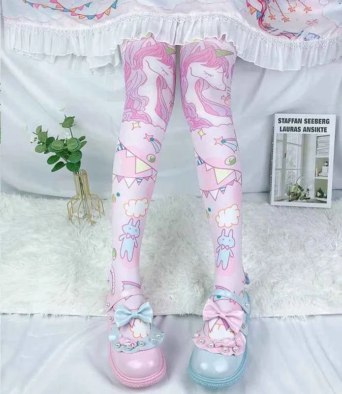Japanese Sweet Mori Lolita Thigh Stockings Cute Angel Unicorn Kawaii Loli Soft Girl Over The Knee Stockings Halloween Role Play