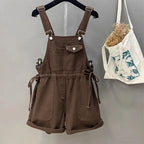 Brown Hooded Sweater and Denim Overall Shorts Set, brown denim overall shorts with tie sides on hanger