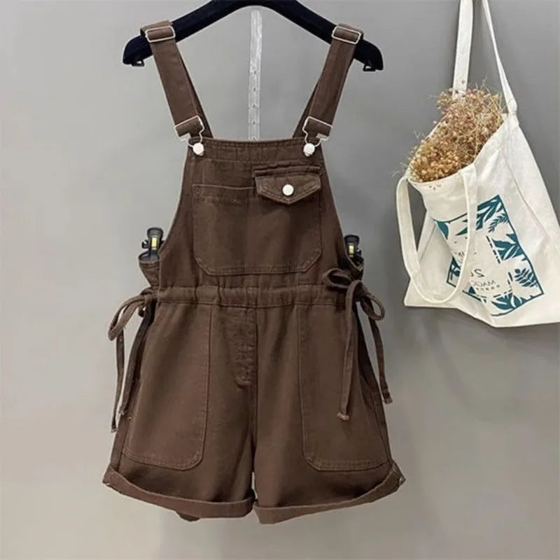 Brown Hooded Sweater and Denim Overall Shorts Set, brown denim overall shorts with tie sides on hanger