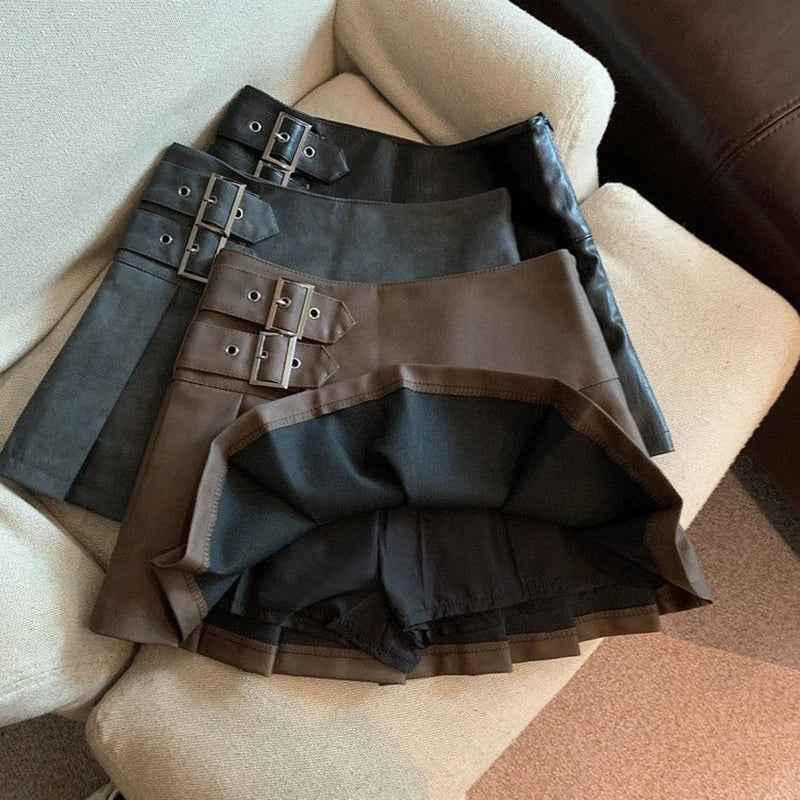 PU Leather Mini Skirts Women Streetwear High Waist Pleated