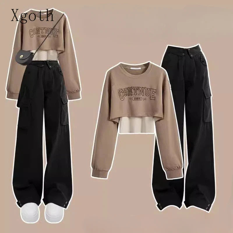 Pants Sets O Neck Letter Printed Short Sweatshirt Tank Top - Vusy Kawaii Shop