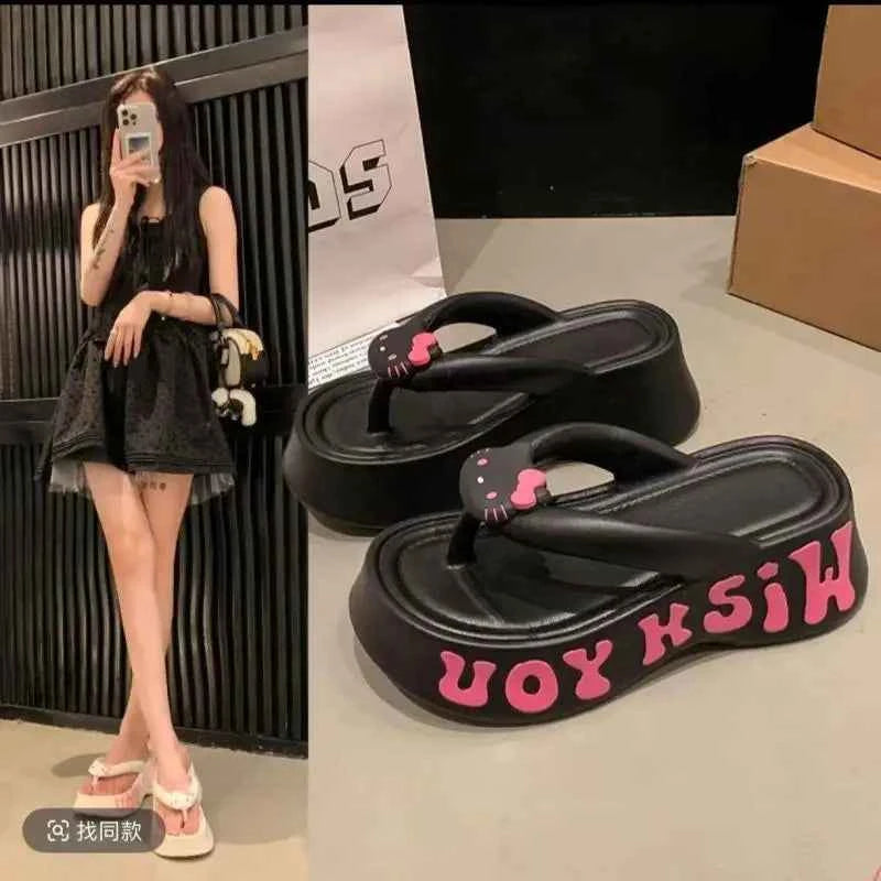 Sanrios Hello Kittys Slippers Women's Platform Flip Flops Outdoor Beach Shoes Summer Fashion Sandals Thick Bottom Cloud Slippers