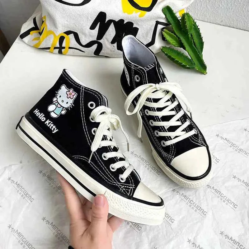 Kawaii Hello Kittys High Tops Canvas Shoes Women Sanrios Student Cartoon Graffiti Skateboard Shoes Girl Preppy Versatile Sneaker