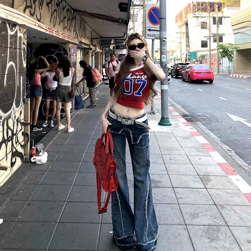 American Style Off Shoulder Crop Top Short Sleeve Slim Fit - Vusy Kawaii Shop