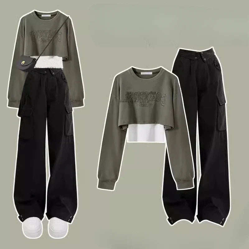 Pants Sets O Neck Letter Printed Short Sweatshirt Tank Top - Vusy Kawaii Shop