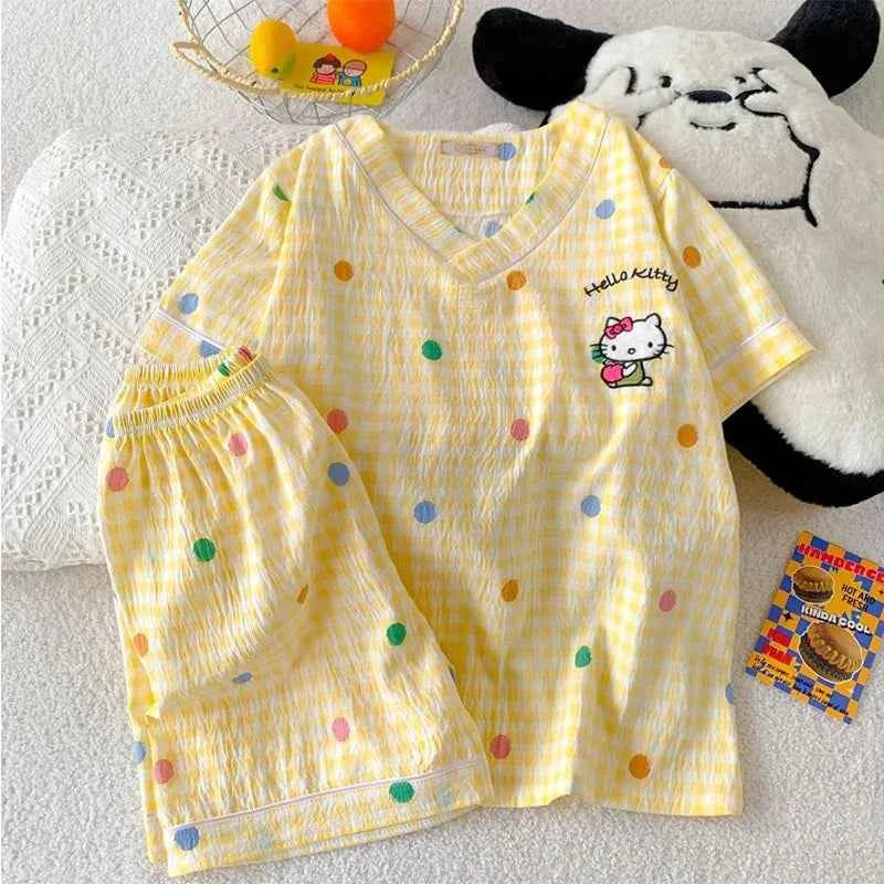 Sanrio Fashion Casual Cute Sweet Polka Dot Home Cartoon Cat Shorts Short-Sleeved Pajamas Suit For Women