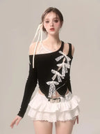 Black Slant Collar Lace Bow Irregular Long Sleeve T-shirt - Vusy Kawaii Shop