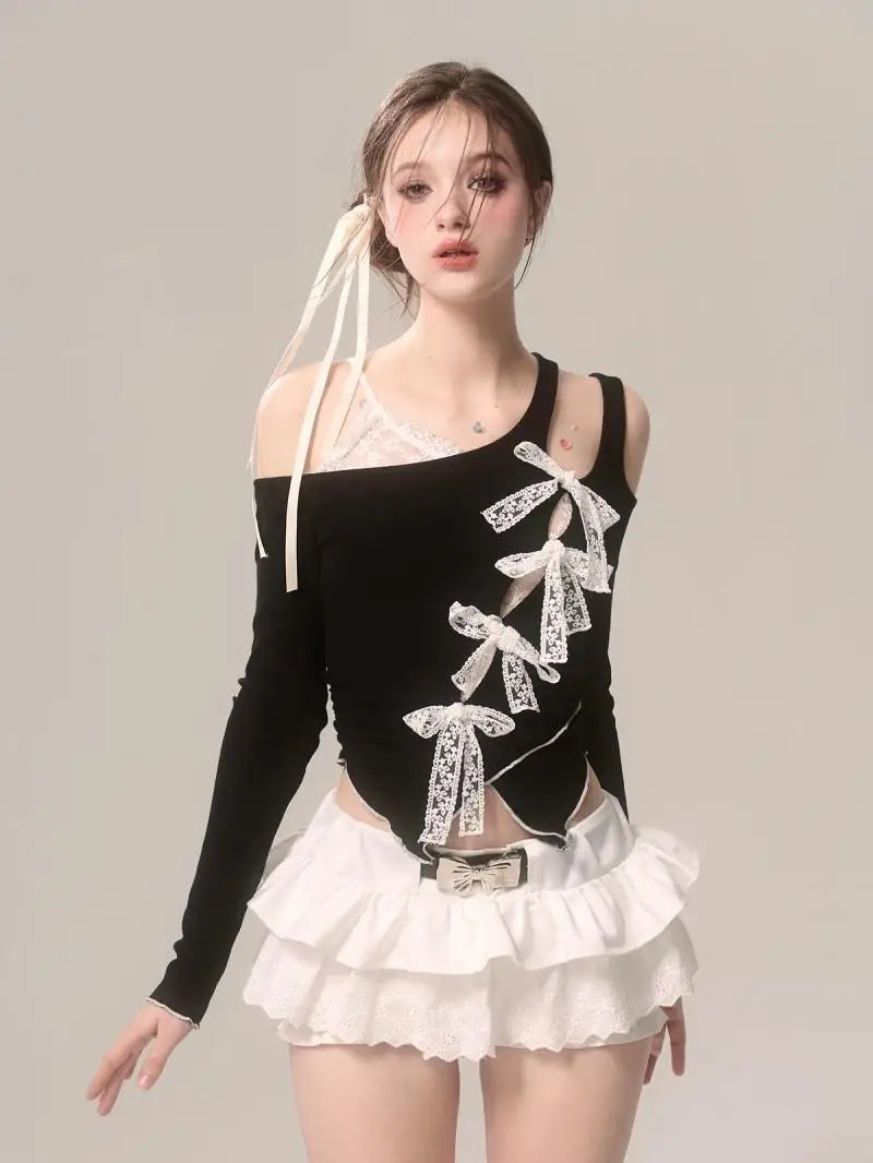 Black Slant Collar Lace Bow Irregular Long Sleeve T-shirt - Vusy Kawaii Shop