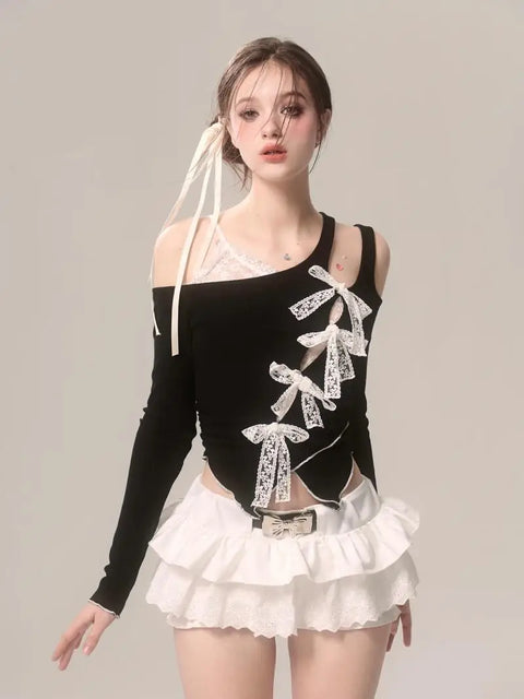 Black Slant Collar Lace Bow Irregular Long Sleeve T-shirt - Vusy Kawaii Shop