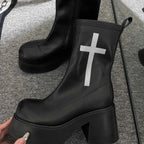 GURURU's Original Gothic Cross Elastic Boots With Thick Soles High Sponge Soles Short Boots PU Fashion Shoes