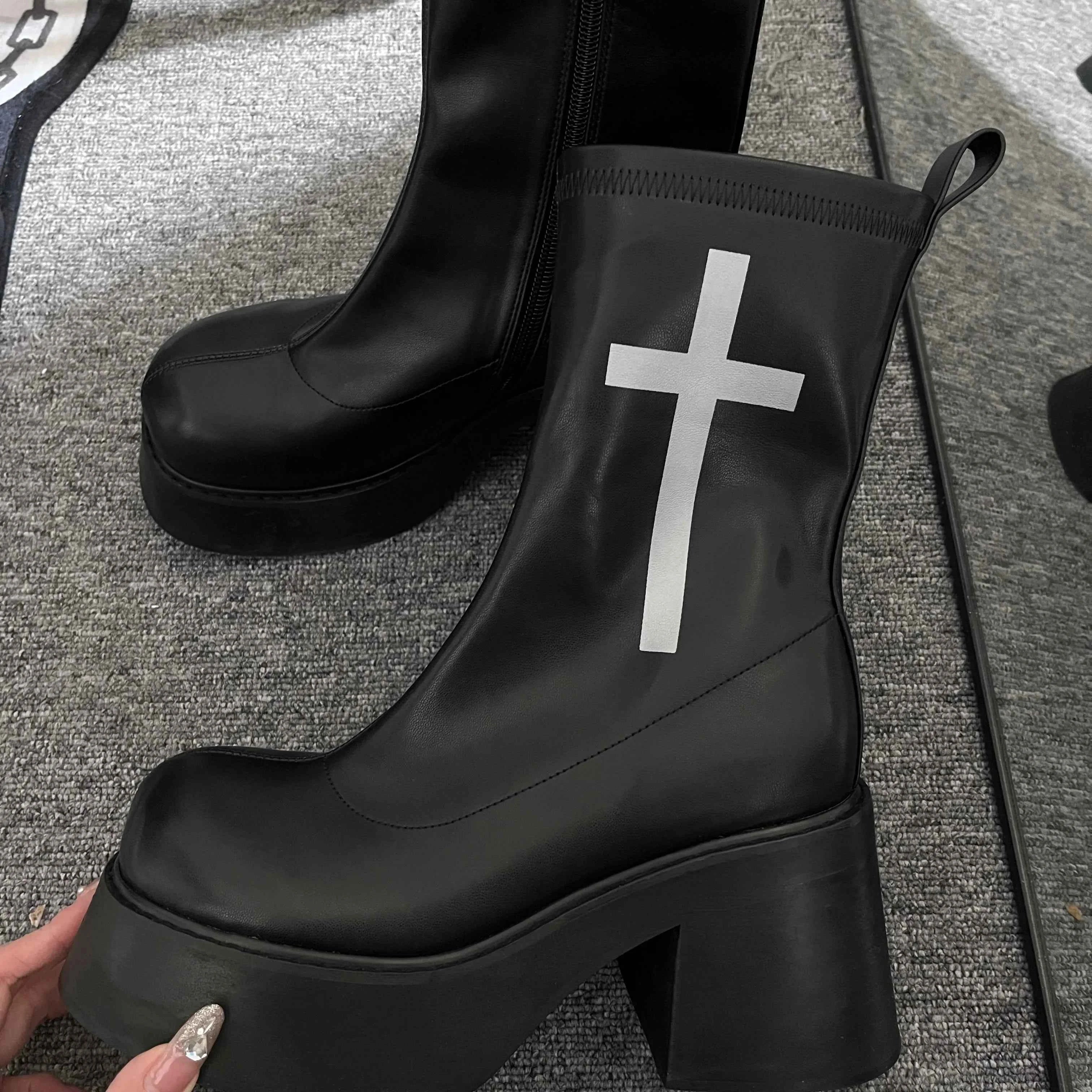 GURURU's Original Gothic Cross Elastic Boots With Thick Soles High Sponge Soles Short Boots PU Fashion Shoes