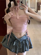 Sexy Slim Fit Drawstring Ruched Strapless Vest and Low-waist - Vusy Kawaii Shop
