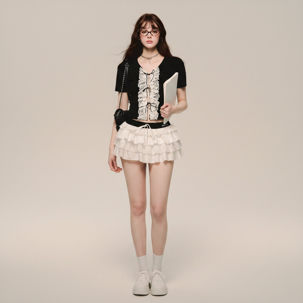 "Romantic Imagination" Black Embroidered Placket Short - Vusy Kawaii Shop