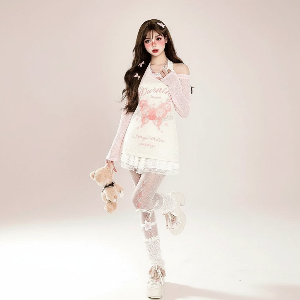 JK Streetwear Halter 2 Piece Set T-Shirt Korean Fashion - Vusy Kawaii Shop