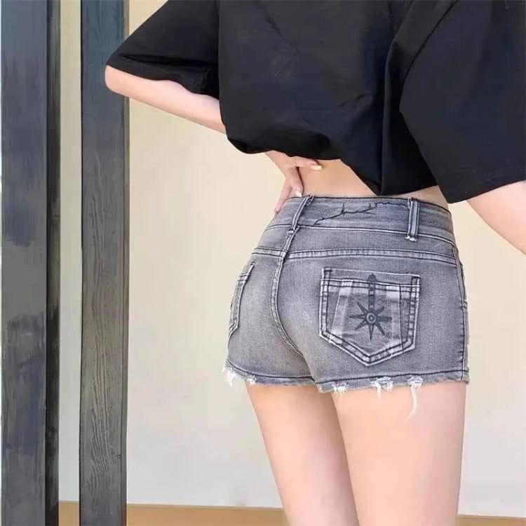 Street Graffiti Denim Gray Shorts High Waist A-Line Skirts