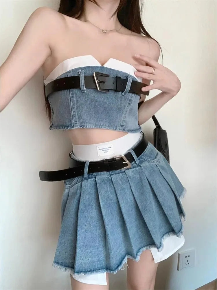 Denim Suit Skirt Fried High Street Fashion Trapless Tube Top - Vusy Kawaii Shop