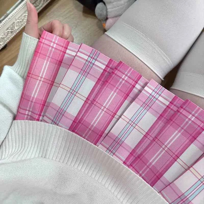 Sweet White Pink Plaid JK Skirt Preppy Style A-Line Pleated