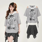 Fake Two Piece Spliced Graffiti Printed Short Sleeve - Vusy Kawaii Shop