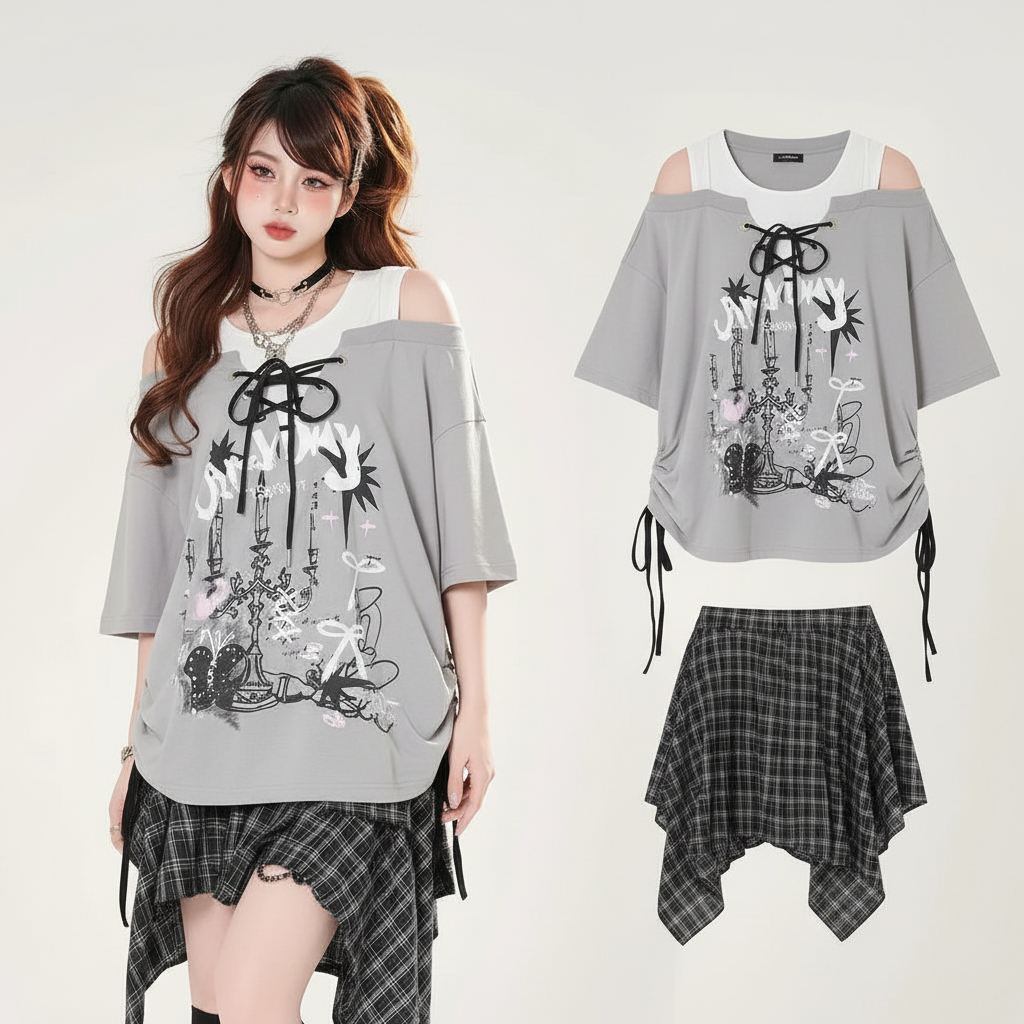 Fake Two Piece Spliced Graffiti Printed Short Sleeve - Vusy Kawaii Shop