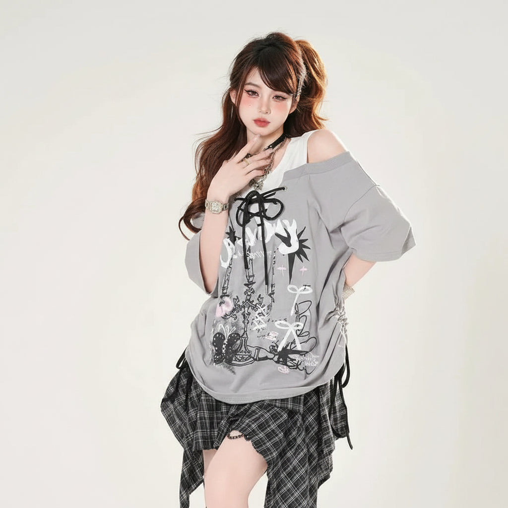 Fake Two Piece Spliced Graffiti Printed Short Sleeve - Vusy Kawaii Shop