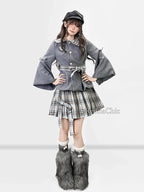 Gray plaid tweed jacket with pleated mini skirt, product photo 5