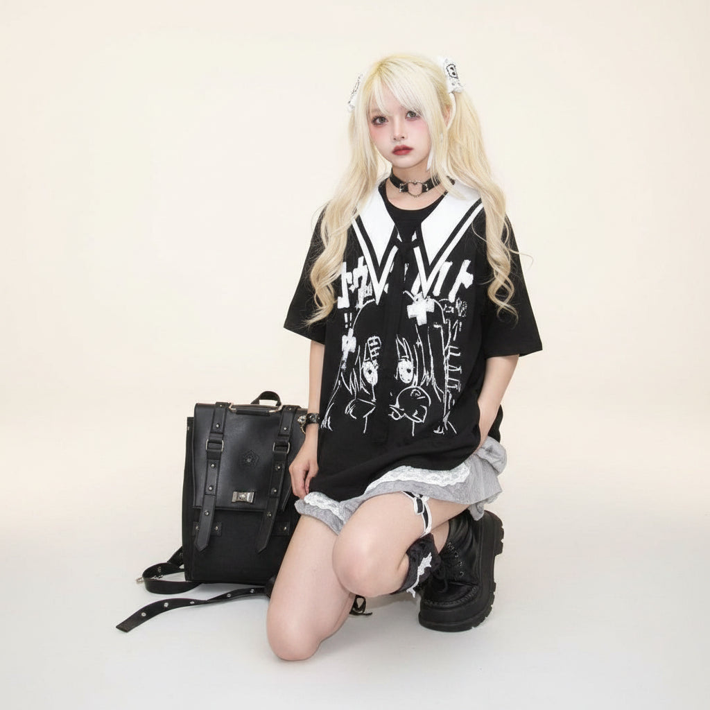 Women Japanese Cartoon Print Top Streetwear Sailor Collar - Vusy Kawaii Shop