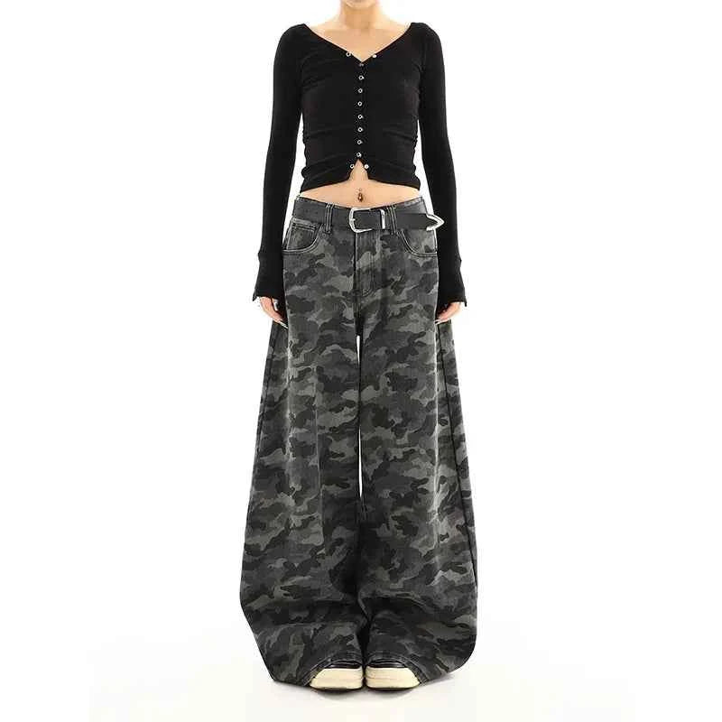 Women camouflage Jeans Sense design Vintage High Waisted Straight Denim Trouser Y2K American Streetwear Wide Leg Denim Pants ﻿