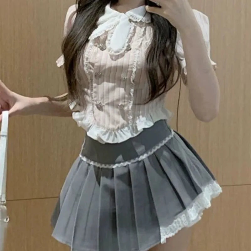 Kawaii Japanese Sweet Suits Bow Crop Top and Mini Skirt - Vusy Kawaii Shop