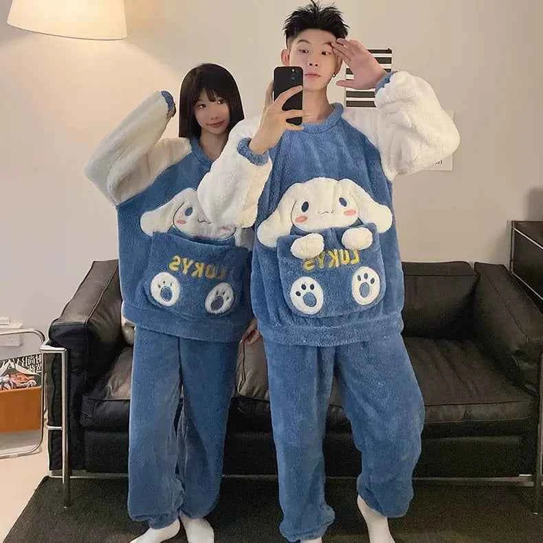 Cartoon Sanrios Cinnamoroll Pajamas Women Men Thickened Coral Velvet Anime Kuromi Autumn Winter Couple Warm Soft Home Clothes