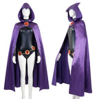 Raven Teen Titans cosplay costume with purple hood up, full outfit view