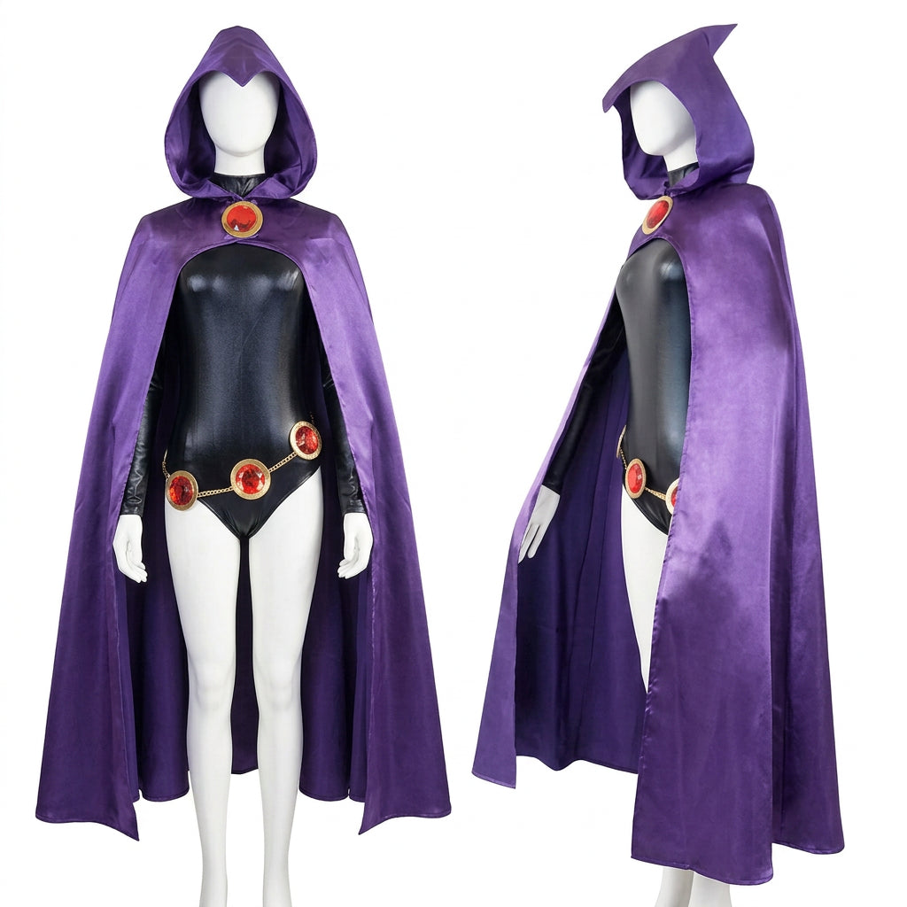 Raven Teen Titans cosplay costume with purple hood up, full outfit view