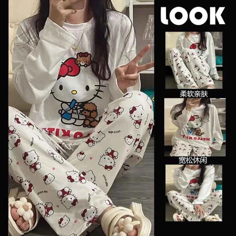 Kawaii Sanrios Hello Kittys Women's Pajamas Set Spring Autumn Anime Cartoon Student Long Sleeved Pants 2Pcs Girls Nightwear Gift