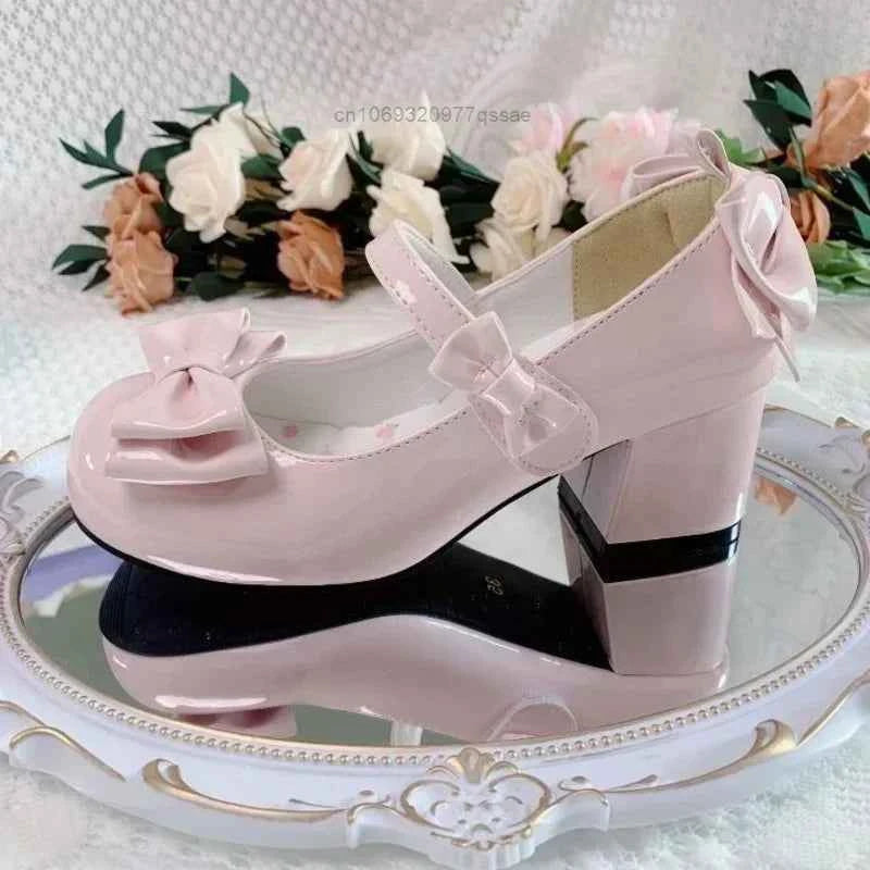 2025 Lolita Style Cute Round Head  Jane Pumps With Bow Women's Sweet Party Dress Midi Heels Shoes Fashion PU Sandals